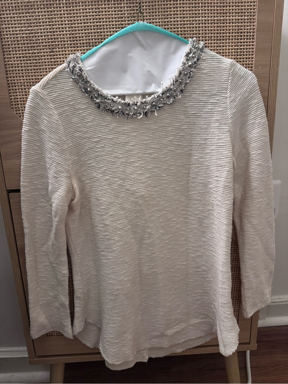 Rebecca Taylor Cream Knit Top with Beaded Collar